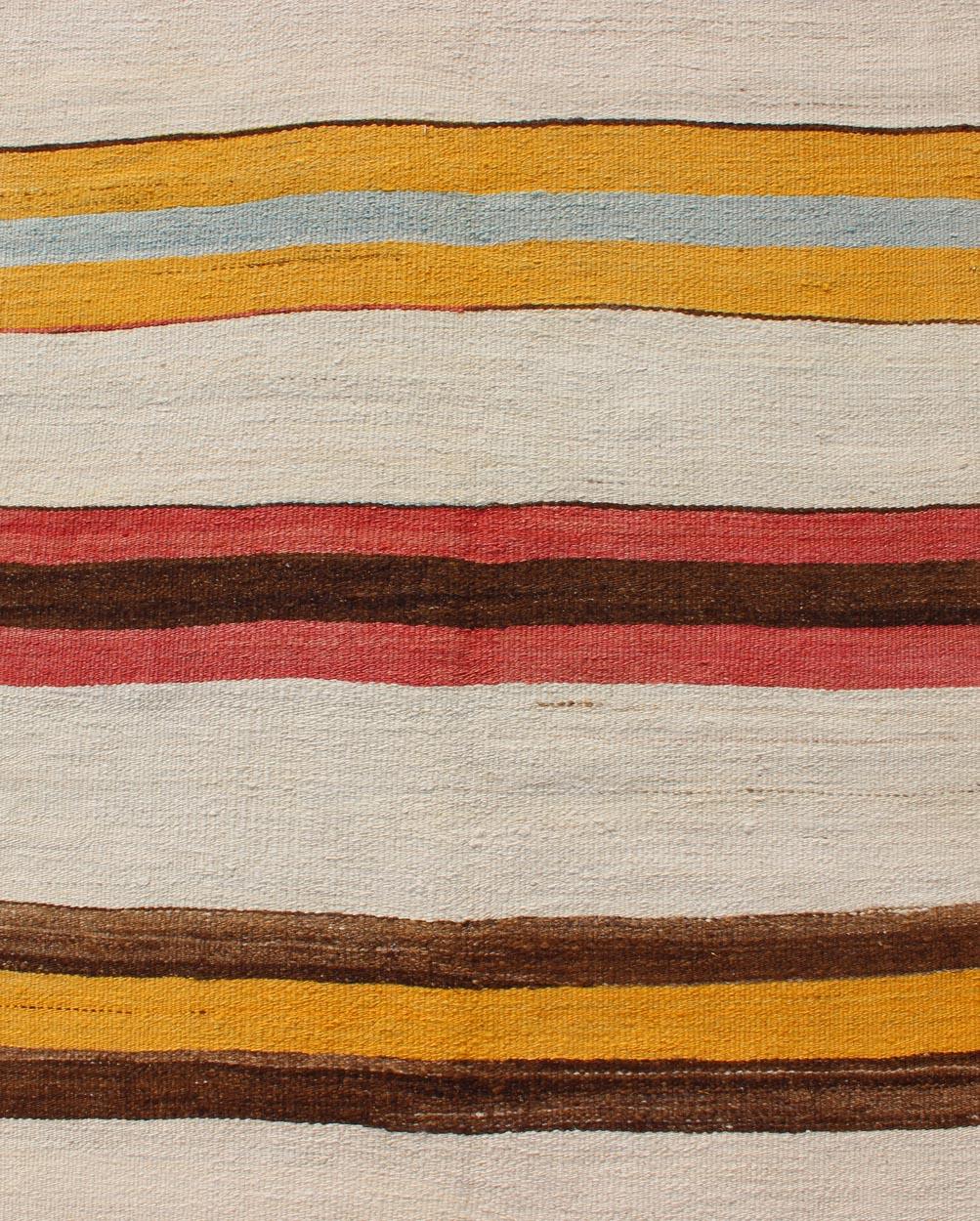 Mid-20th Century  Vintage Colorful Kilim Runner With Stripe Design in Yellow, Ivory, Red & Brown  For Sale
