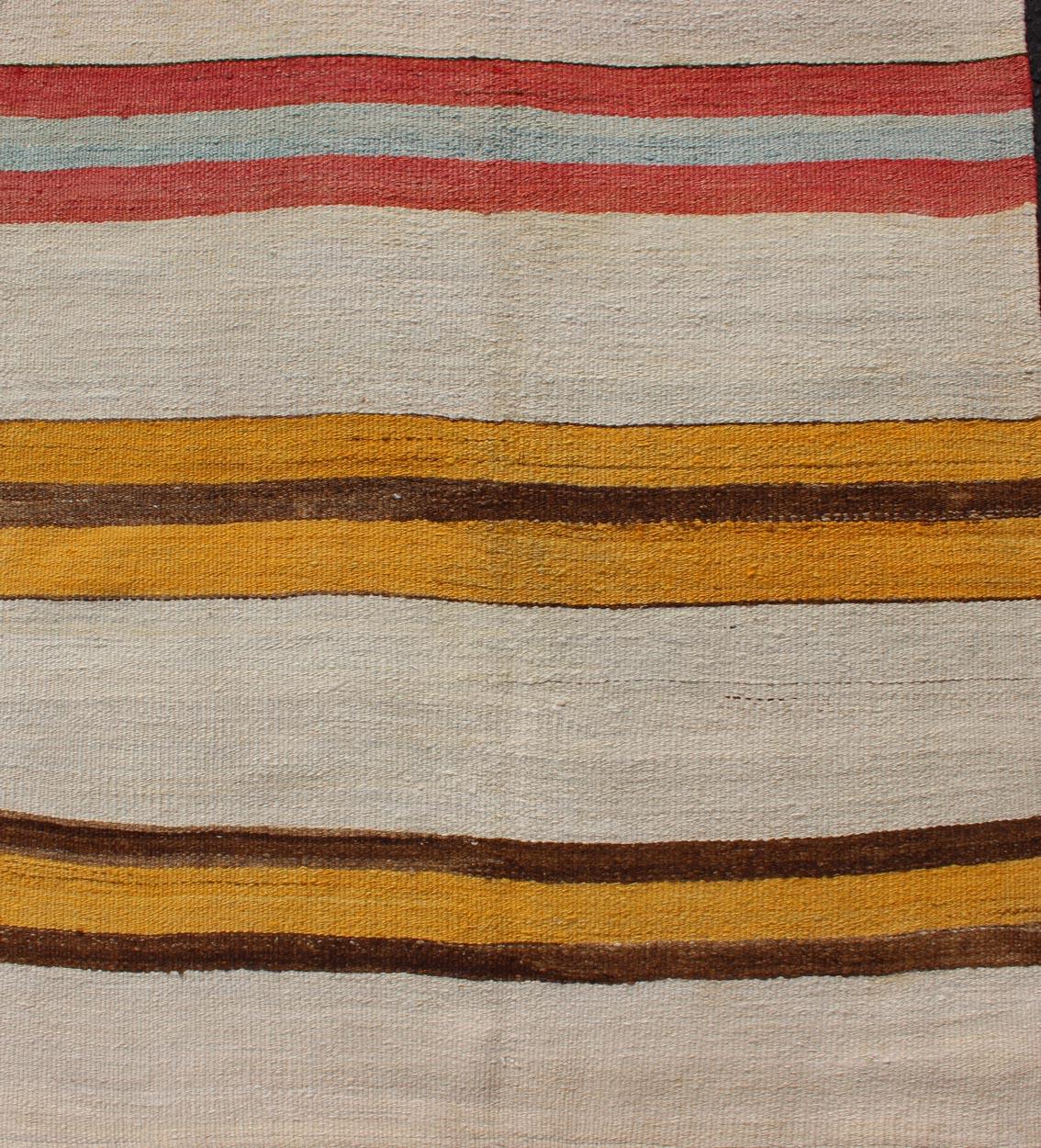 Wool  Vintage Colorful Kilim Runner With Stripe Design in Yellow, Ivory, Red & Brown  For Sale
