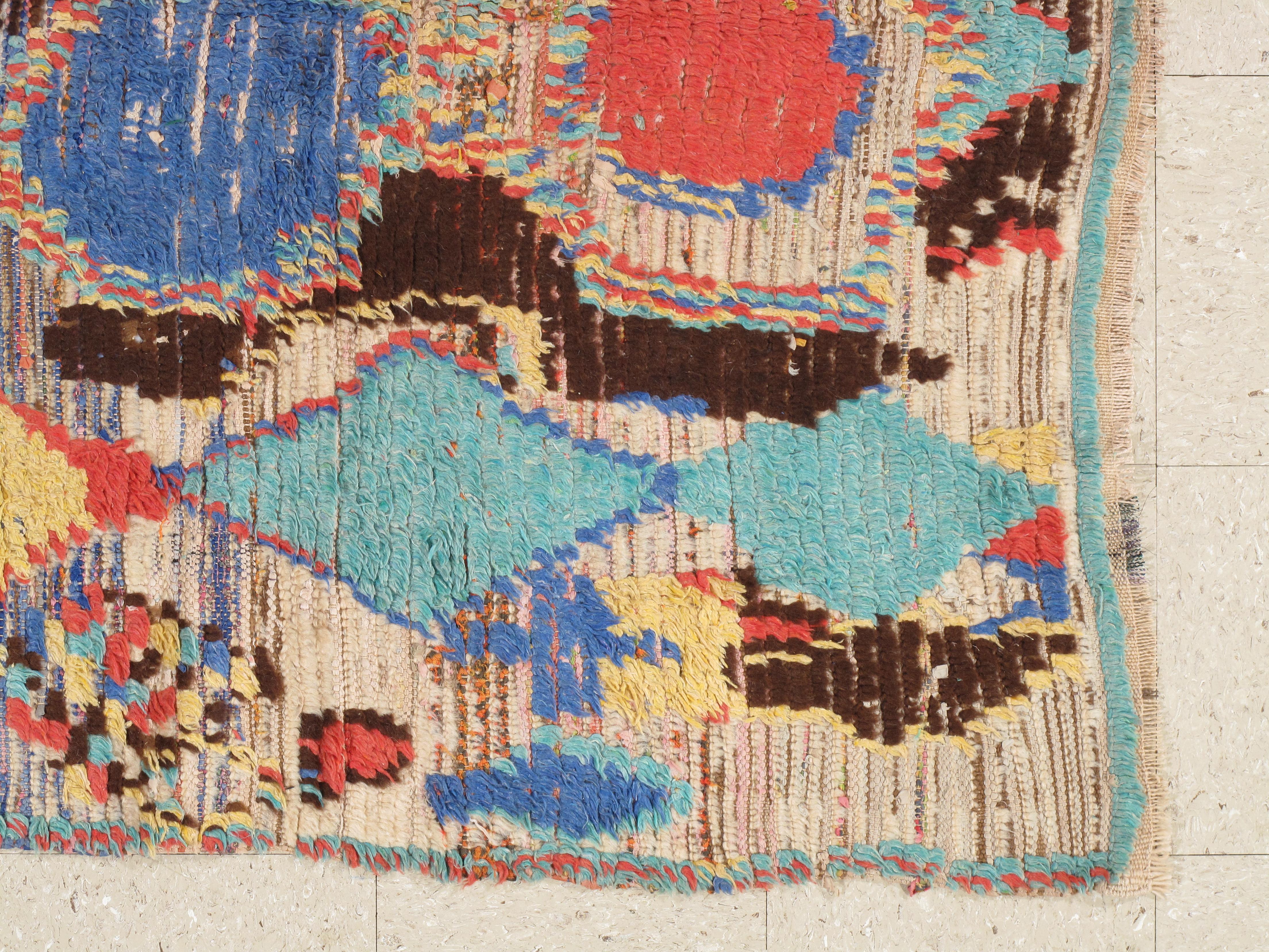 Vintage Colorful Moroccan Rug handmade unique design, fine weave wool 4'6
