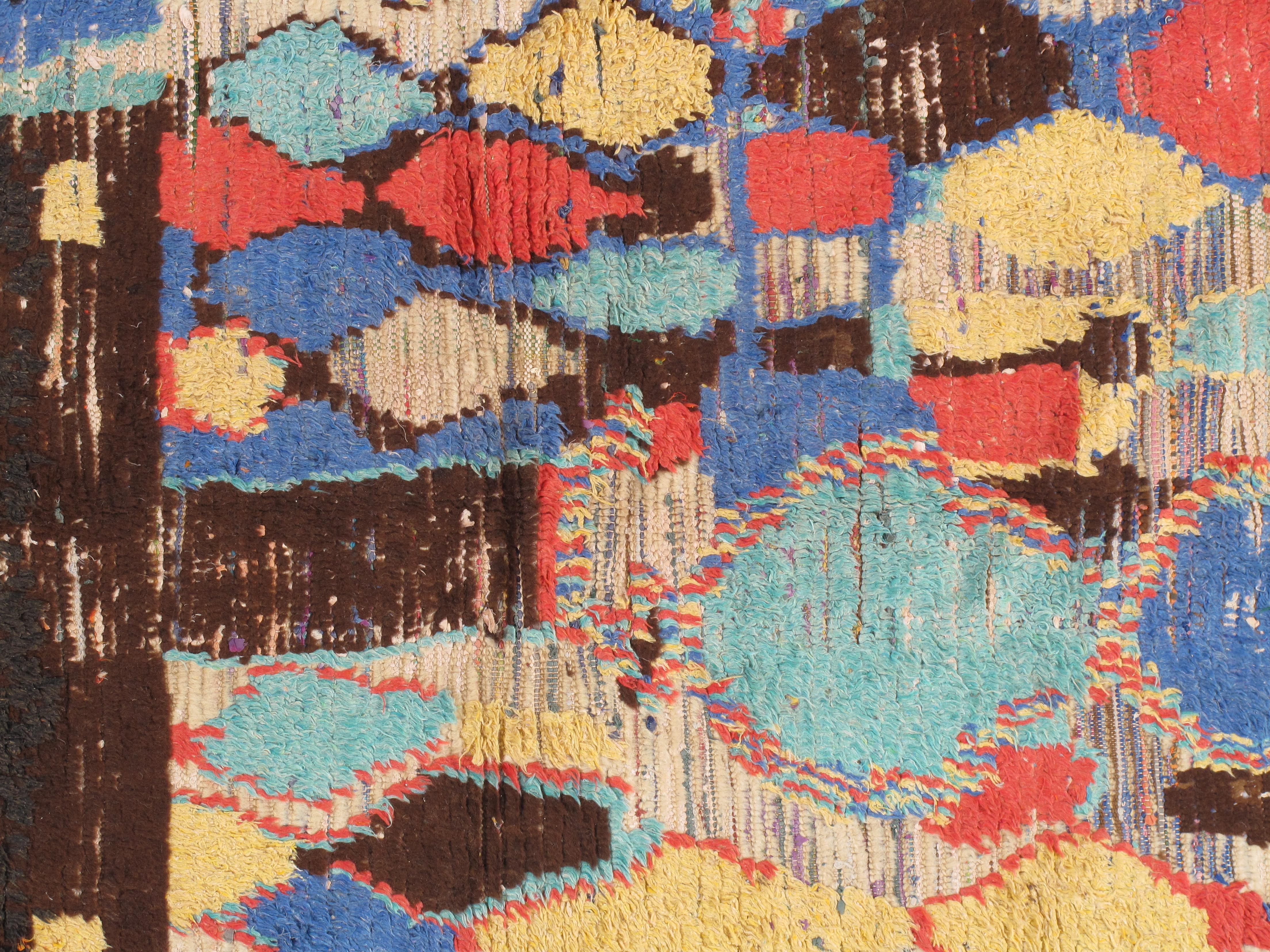 Mid-Century Modern Vintage Colorful Moroccan Rug handmade unique design, fine weave wool 4'6