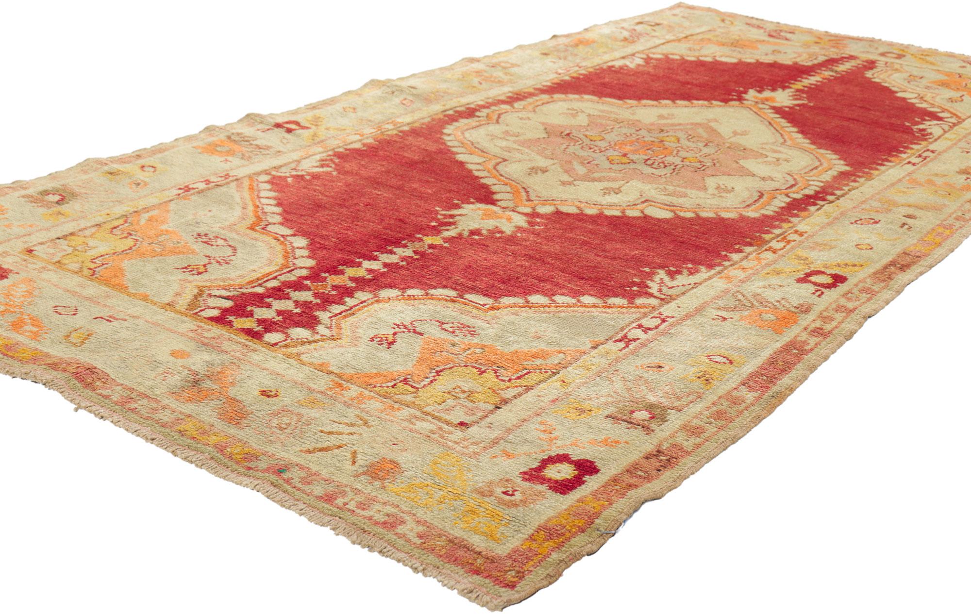 Hand-Knotted Vintage Colorful Red Turkish Oushak Rug For Sale
