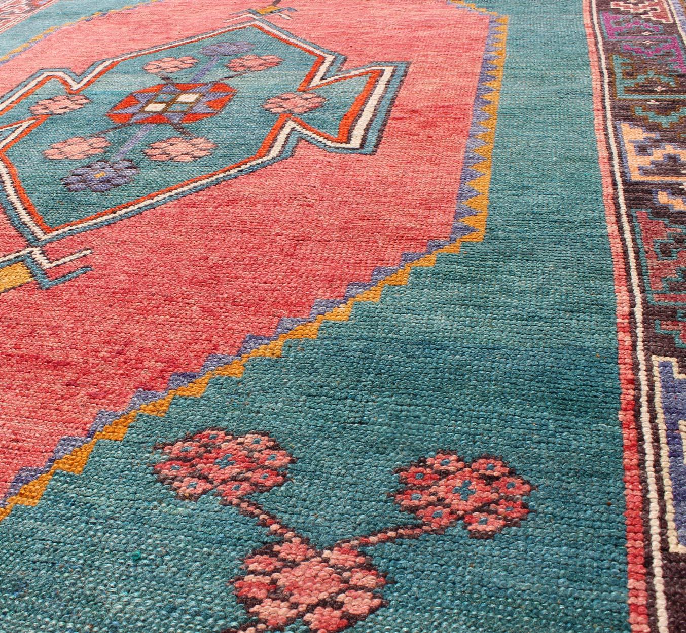 20th Century Tribal Design Vintage Turkish Rug in Teal, Blue, Green, Charcoal & Coral   For Sale