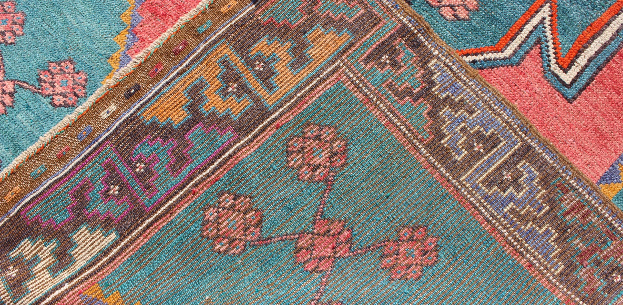 Wool Tribal Design Vintage Turkish Rug in Teal, Blue, Green, Charcoal & Coral   For Sale