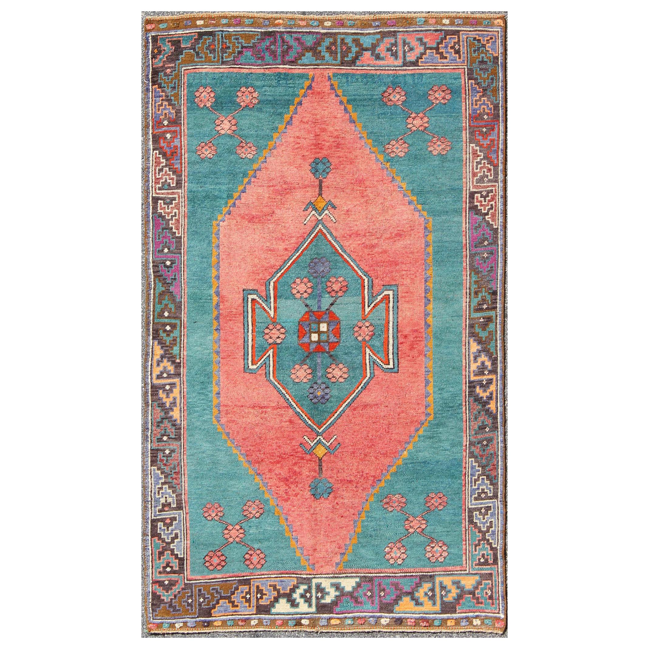 Tribal Design Vintage Turkish Rug in Teal, Blue, Green, Charcoal & Coral   For Sale