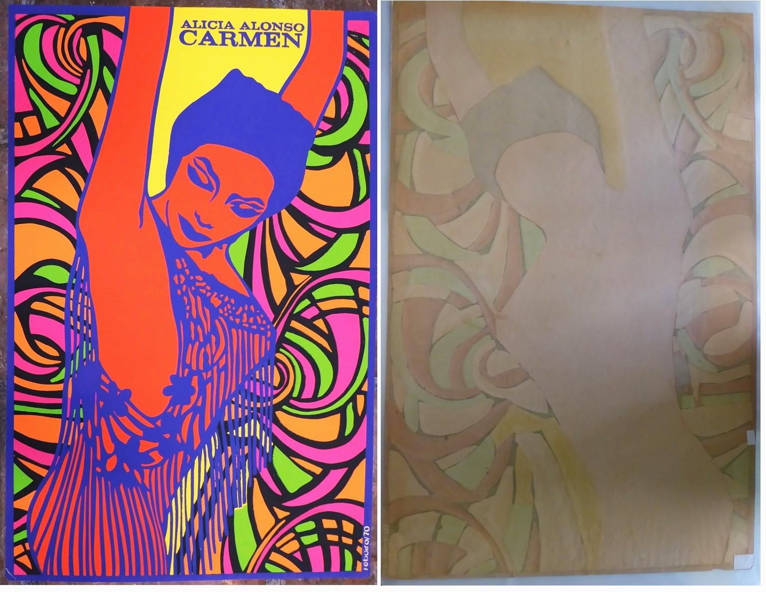 1 - Ballet silkscreen Cuban vintage poster “ALICIA ALONSO – CARMEN”  by Antonio Fernández Reboiro 1970 for the ICAIC.
Lower right engraved reboiro/70 and signed in ink roboiro
Condition:  Very Good. Bottom shows some minor folds. Acid free tape on