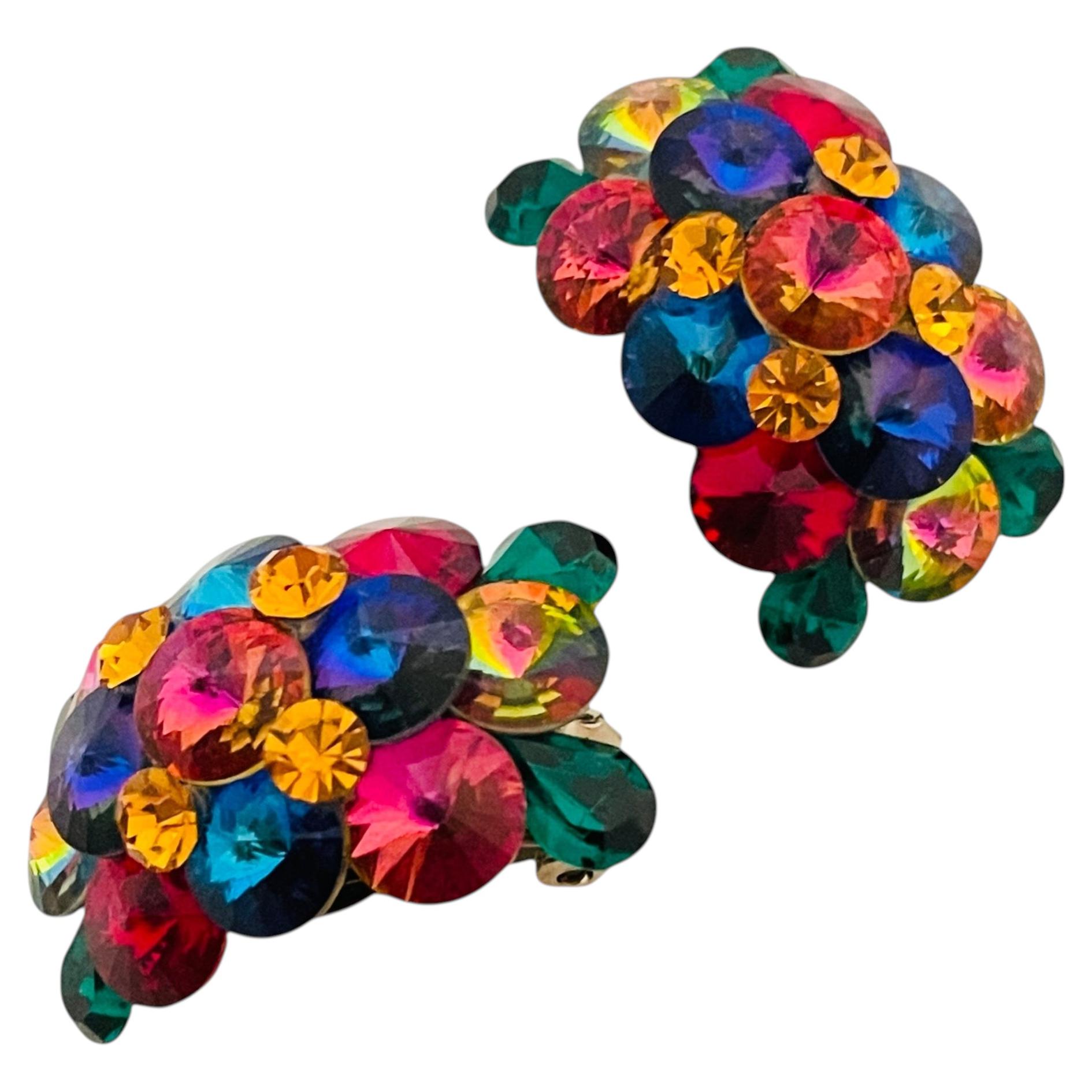 Vintage colorfull glass rhinestone designer runway clip on earrings