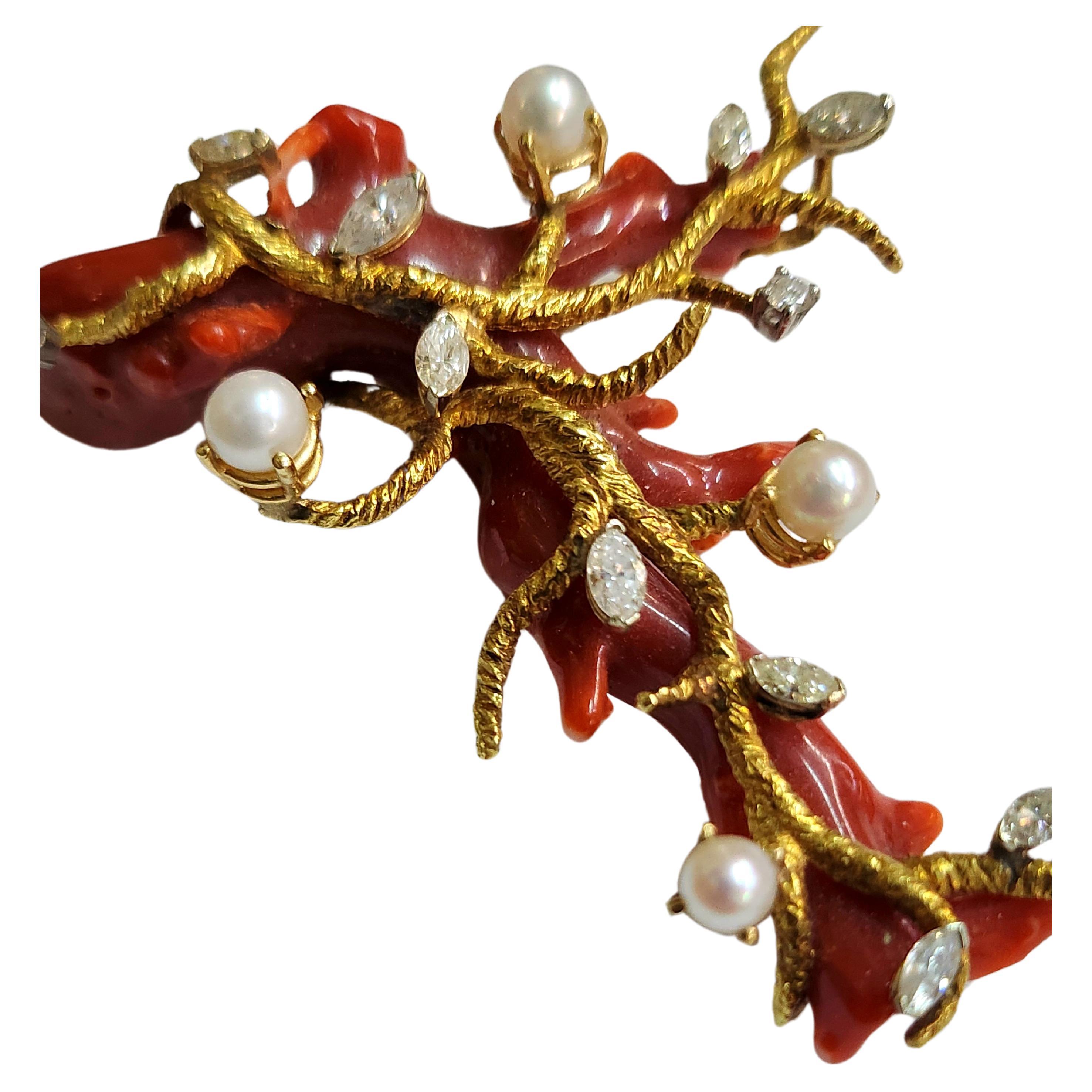 Vintage very large massive piece of natural red coral 40 grams weight 10cm lenght topped with 18k yellow gold and 2.5 carats brilliant marques cut diamonds and white sea pearls 