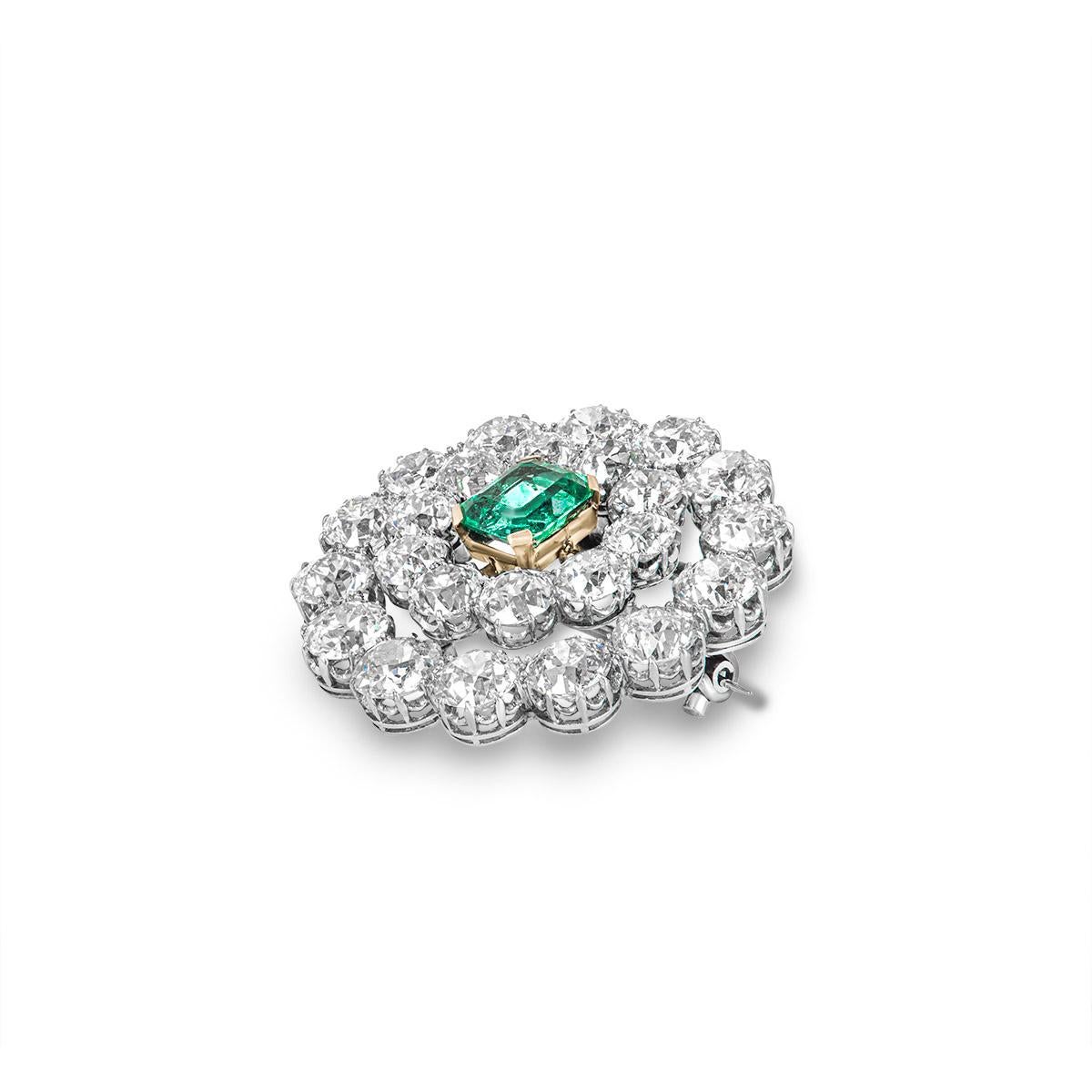 Emerald Cut Vintage Columbian Emerald and Diamond Brooch/Pendant 12.40 Carat Diamonds