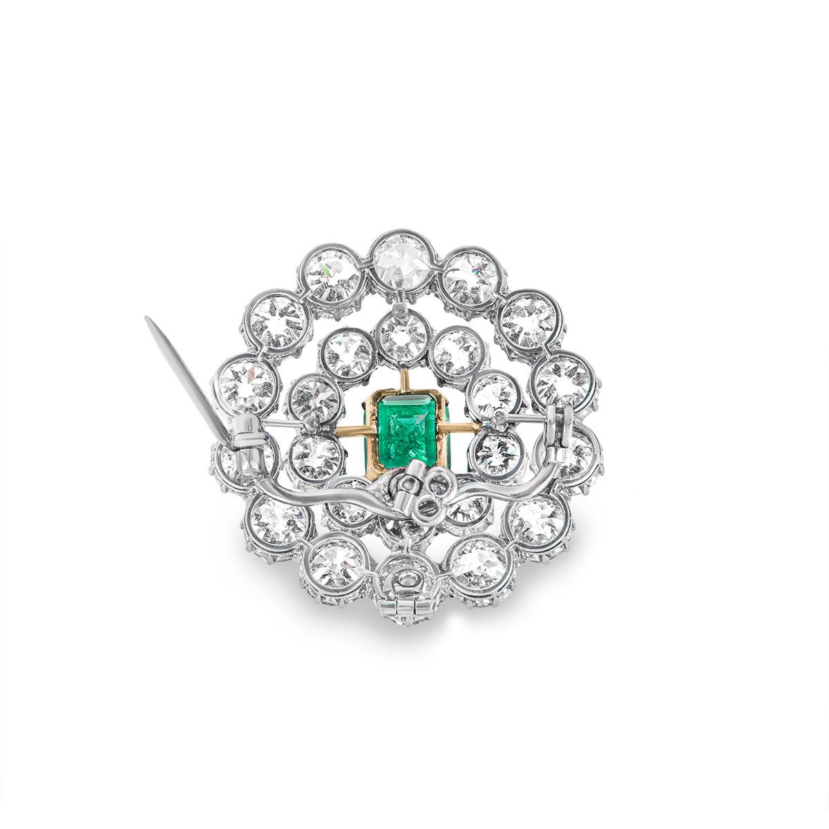 Vintage Columbian Emerald and Diamond Brooch/Pendant 12.40 Carat Diamonds In Excellent Condition In London, GB