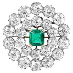 Antique Columbian Emerald and Diamond Brooch/Pendant 12.40 Carat Diamonds