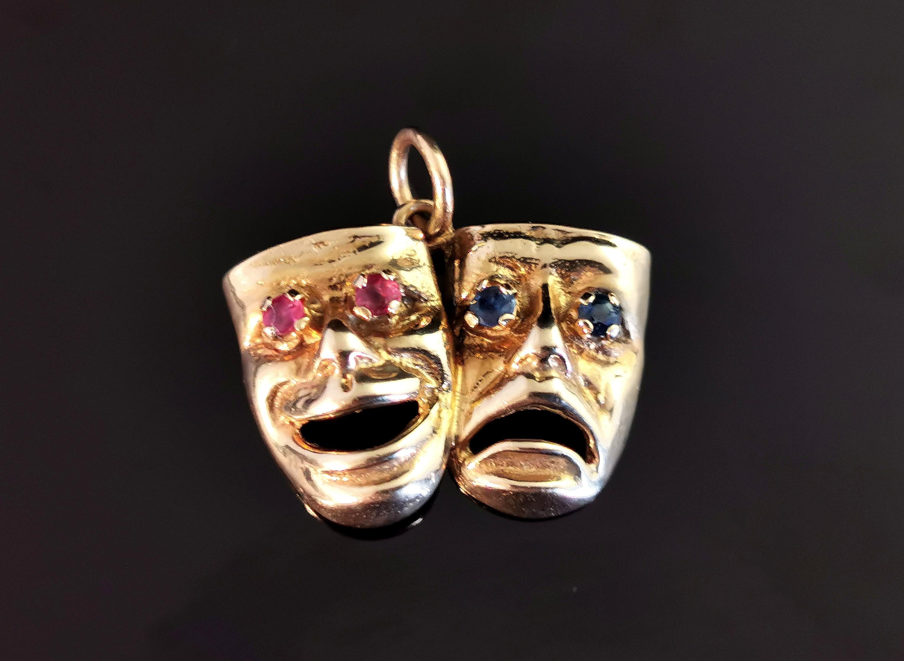Vintage Comedy and Tragedy Pendant, 9k Yellow Gold L, Ruby and Sapphire 5