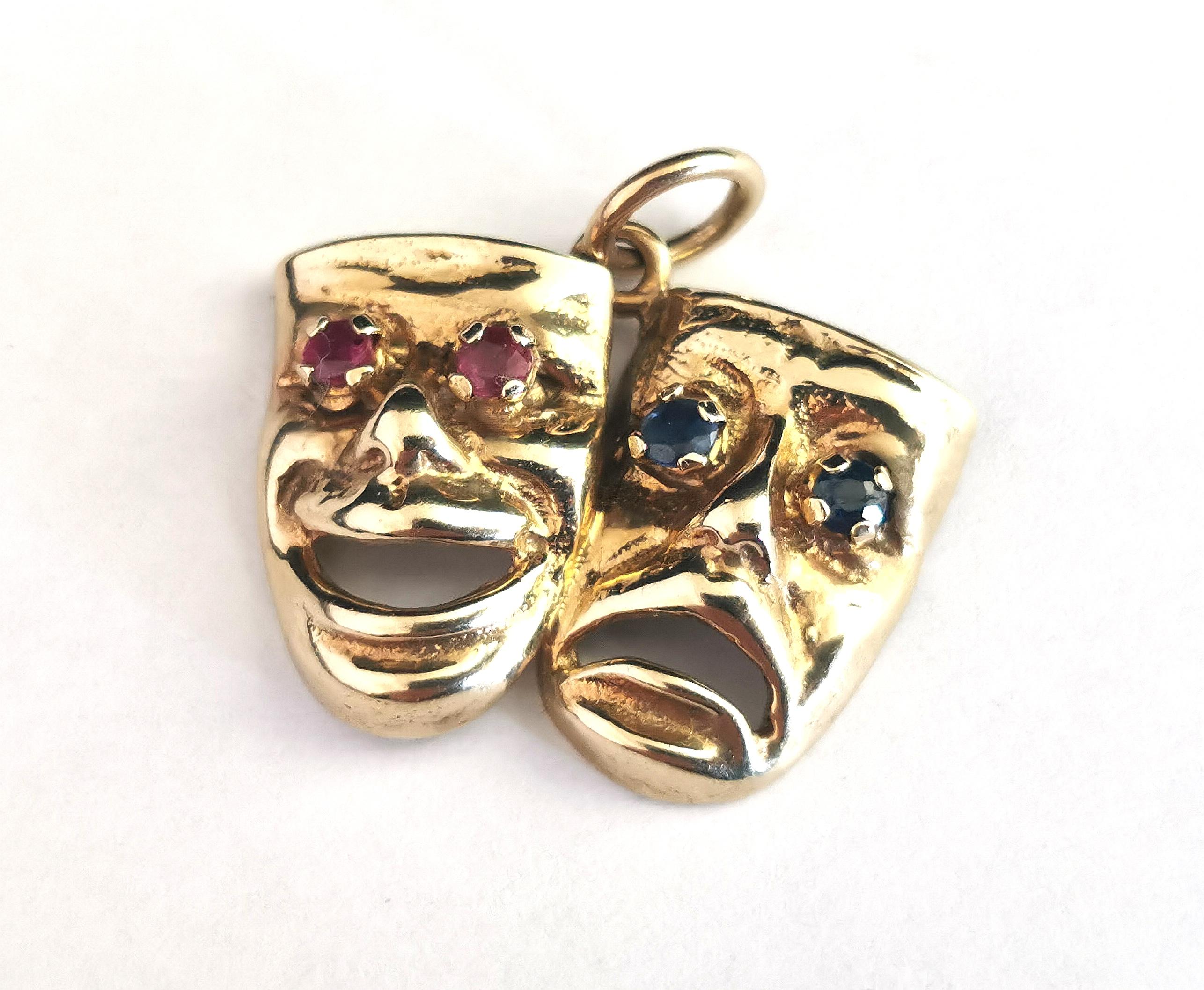 Vintage Comedy and Tragedy Pendant, 9k Yellow Gold L, Ruby and Sapphire 7