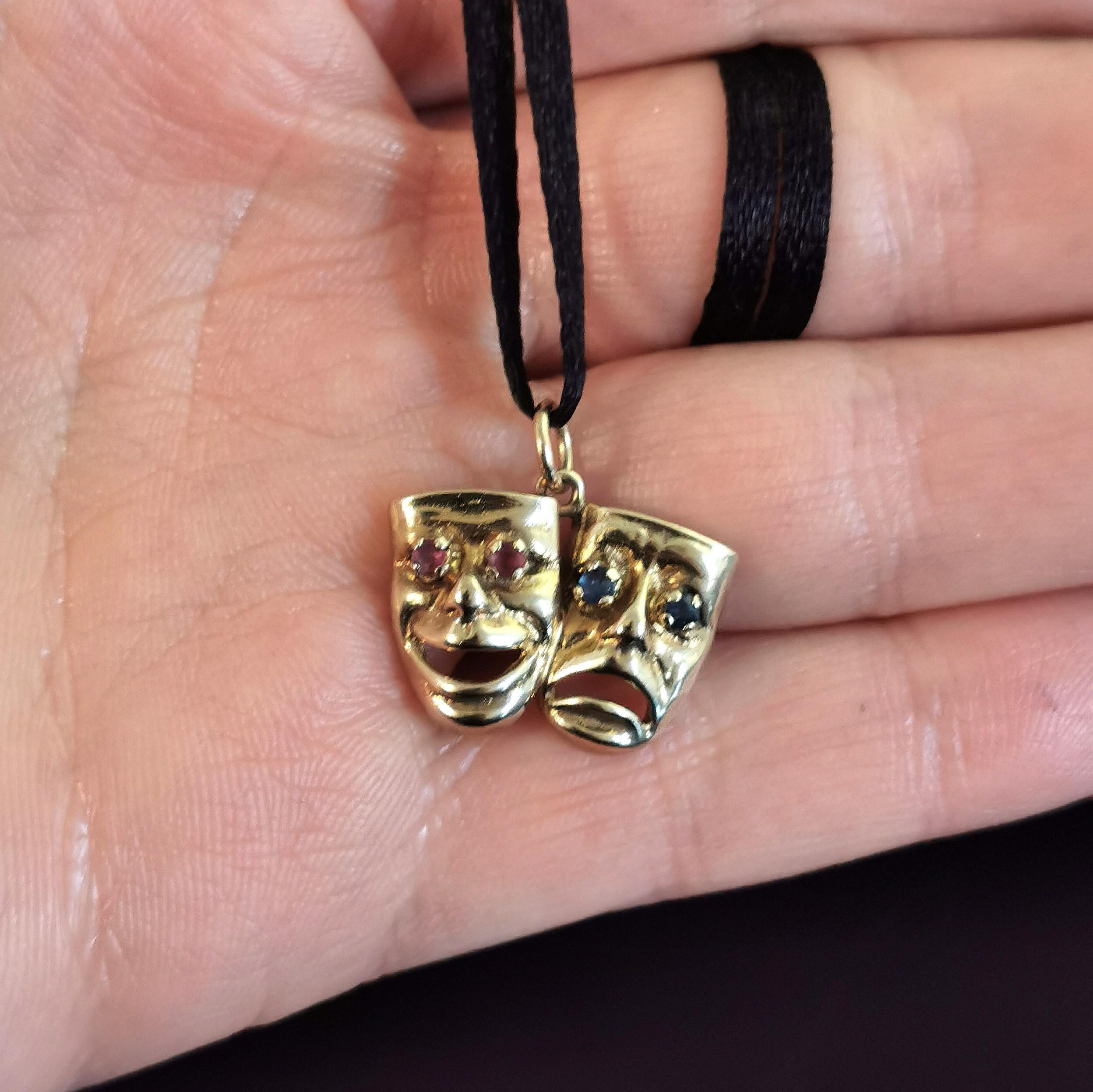 Modern Vintage Comedy and Tragedy Pendant, 9k Yellow Gold L, Ruby and Sapphire