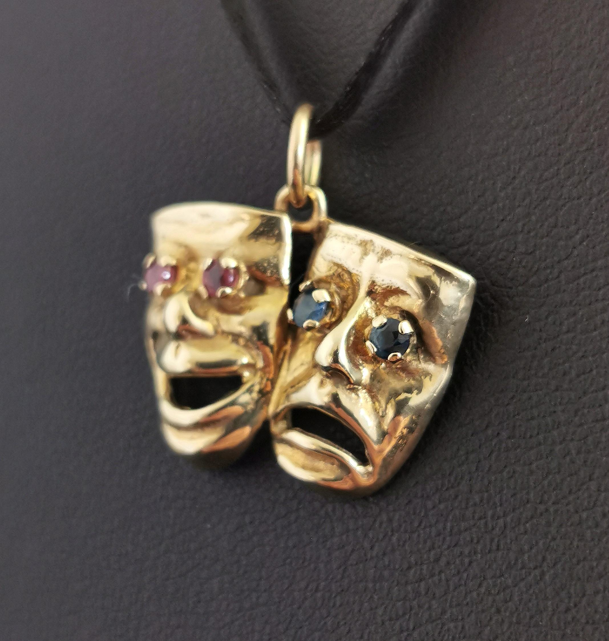 Women's or Men's Vintage Comedy and Tragedy Pendant, 9k Yellow Gold L, Ruby and Sapphire