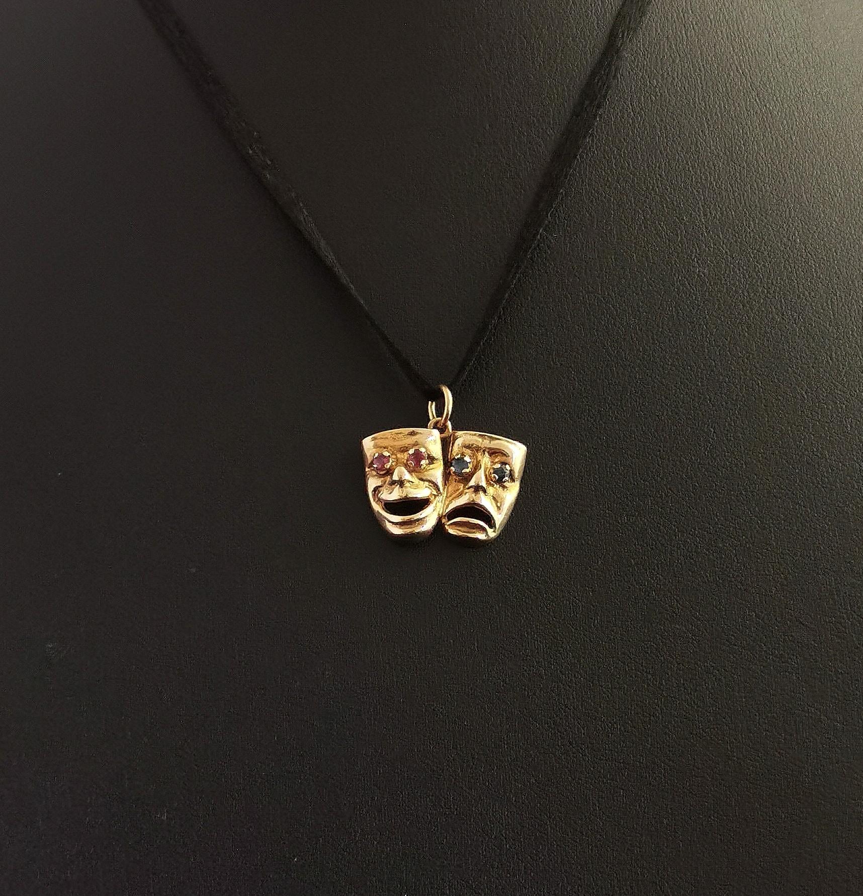 Vintage Comedy and Tragedy Pendant, 9k Yellow Gold L, Ruby and Sapphire 1