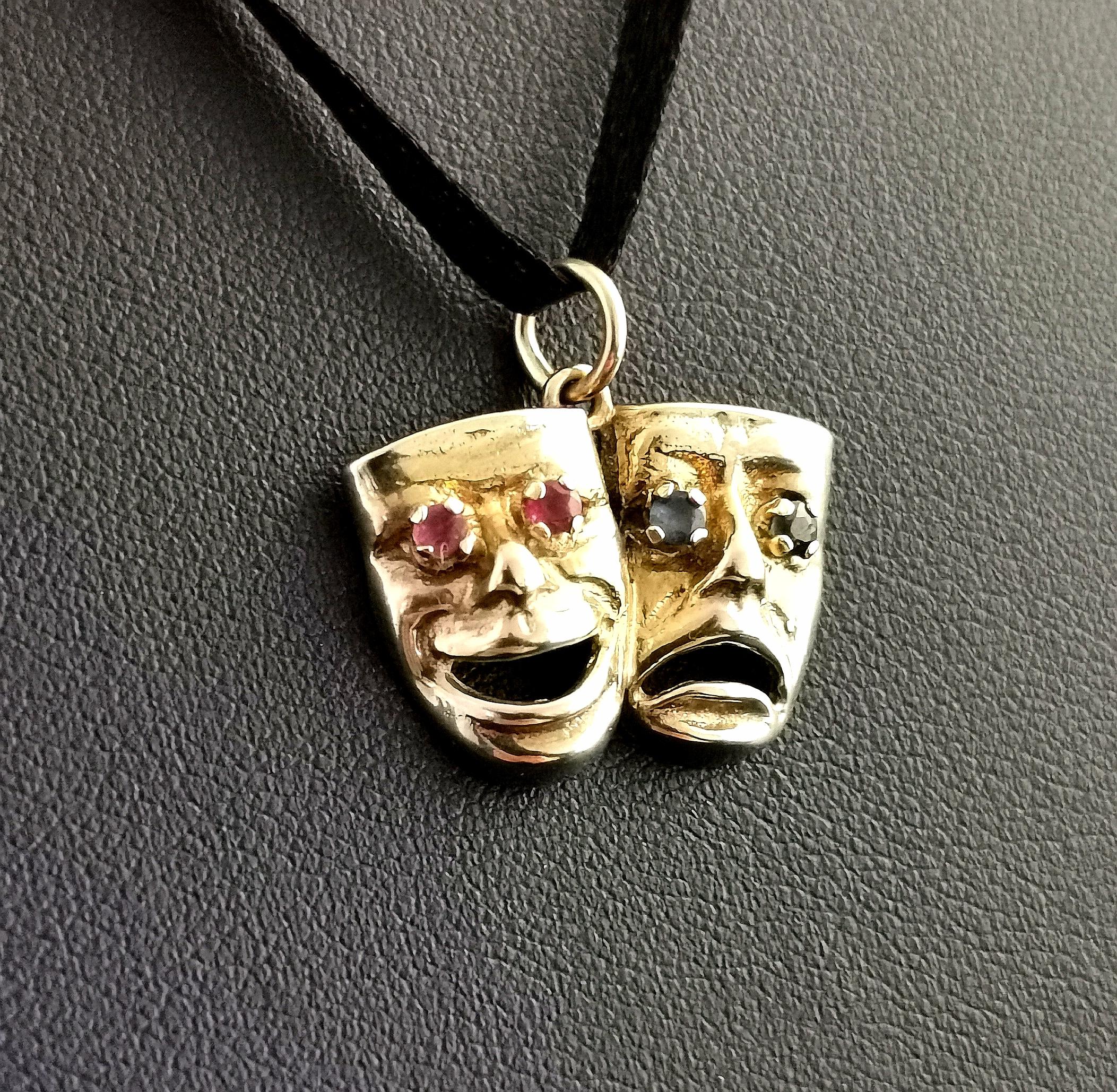 Vintage Comedy and Tragedy Pendant, 9k Yellow Gold L, Ruby and Sapphire 2