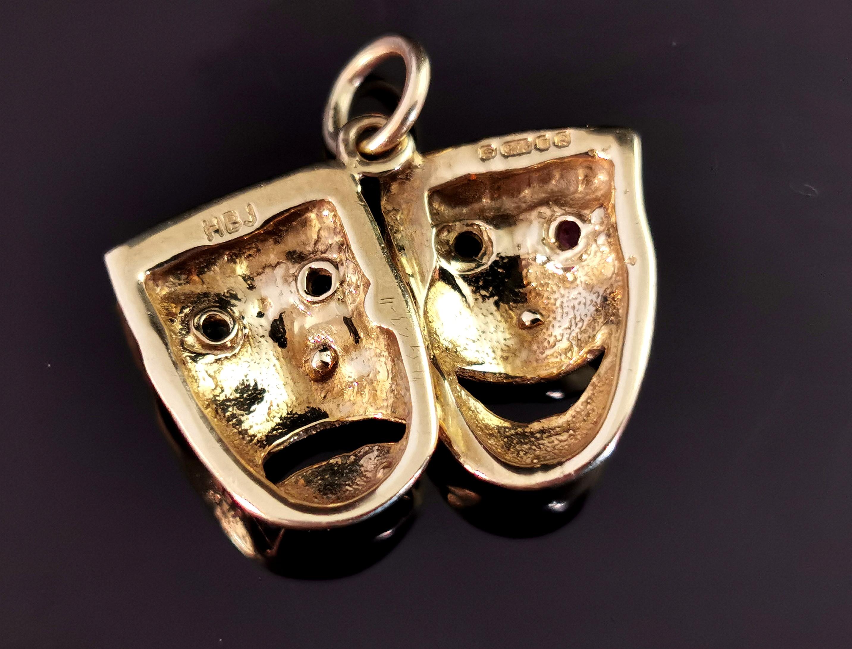 Vintage Comedy and Tragedy Pendant, 9k Yellow Gold L, Ruby and Sapphire 3
