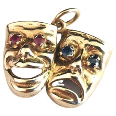 Vintage Comedy and Tragedy Pendant, 9k Yellow Gold L, Ruby and Sapphire
