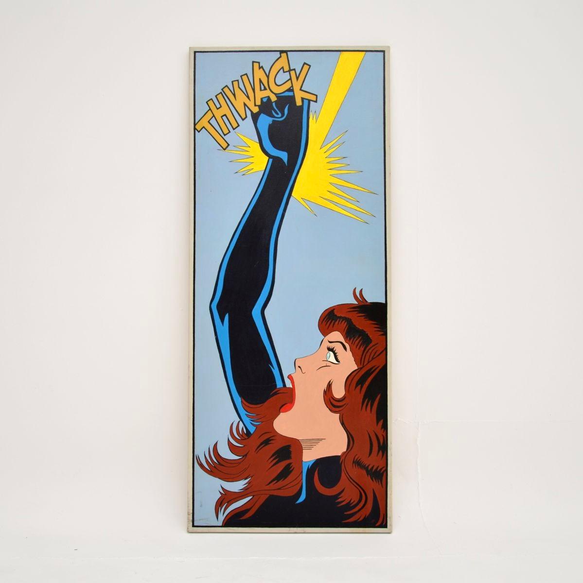 An amazing and unique set of three vintage comic strip oil paintings of The Black Widow. We would date these to around the 1970’s.

They are beautifully executed and are made to sit together as a comic strip, depicting a scene from Marvel’s Black