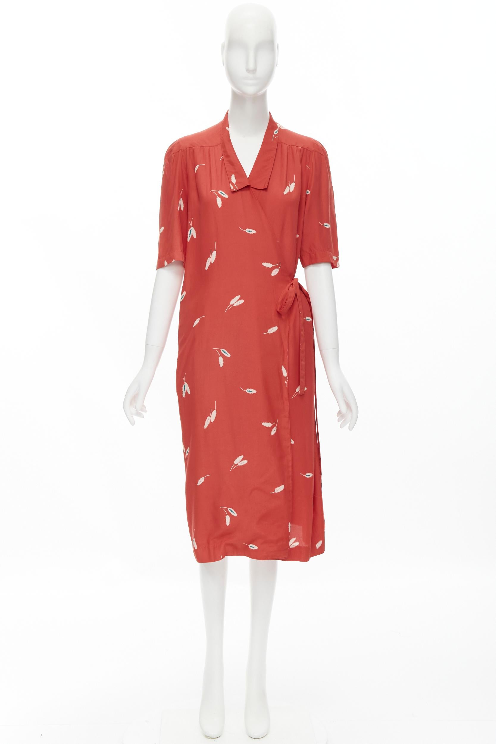 vintage COMME DES GARCONS 1970's red wheat floral print wrap kimono dress S 5
