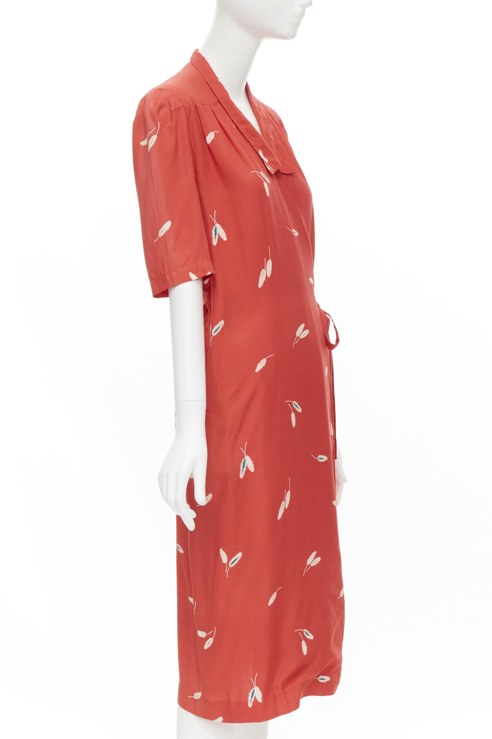 Orange vintage COMME DES GARCONS 1970's red wheat floral print wrap kimono dress S