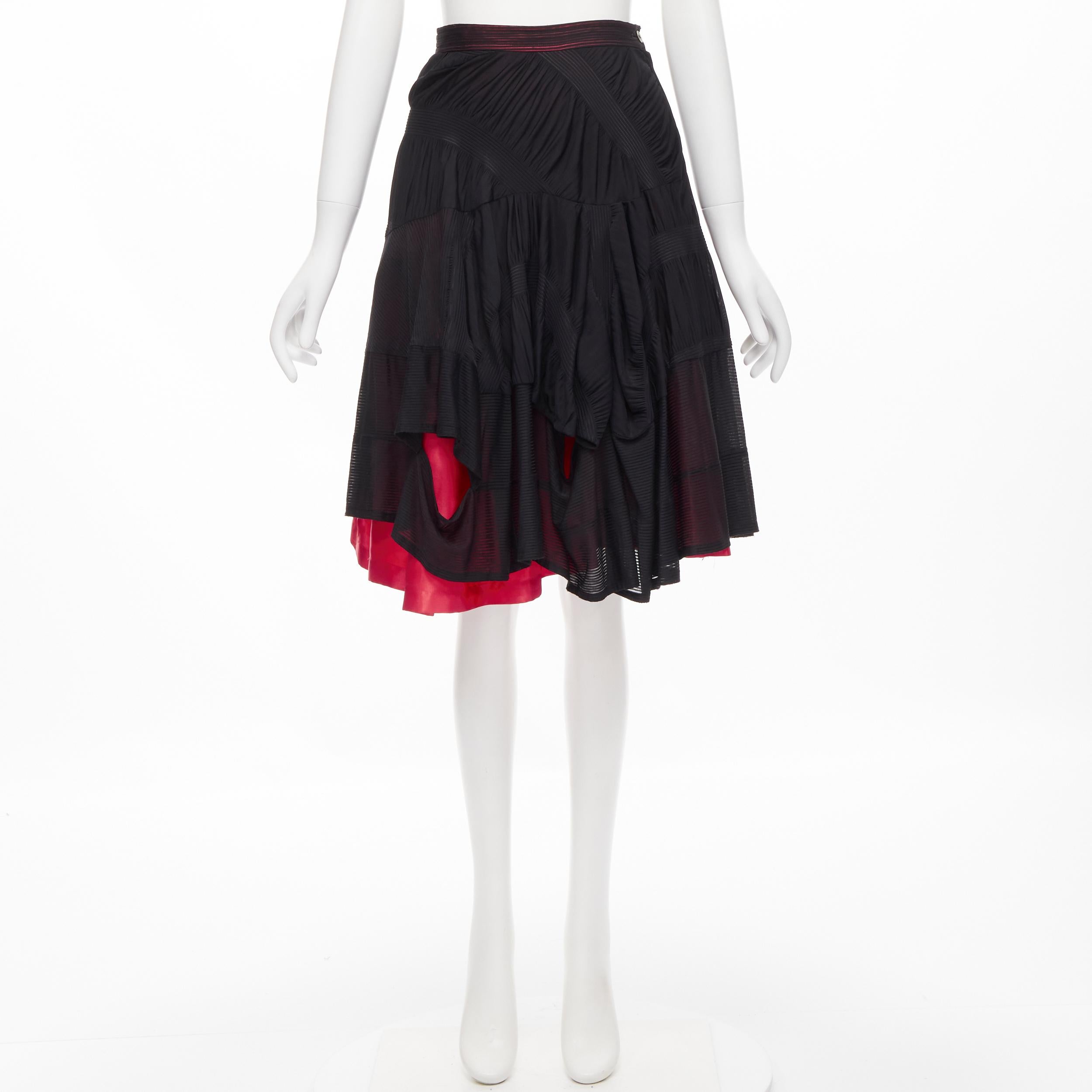 vintage COMME DES GARCONS 1980's black red shirred ruffle layered flared skirt S For Sale 2