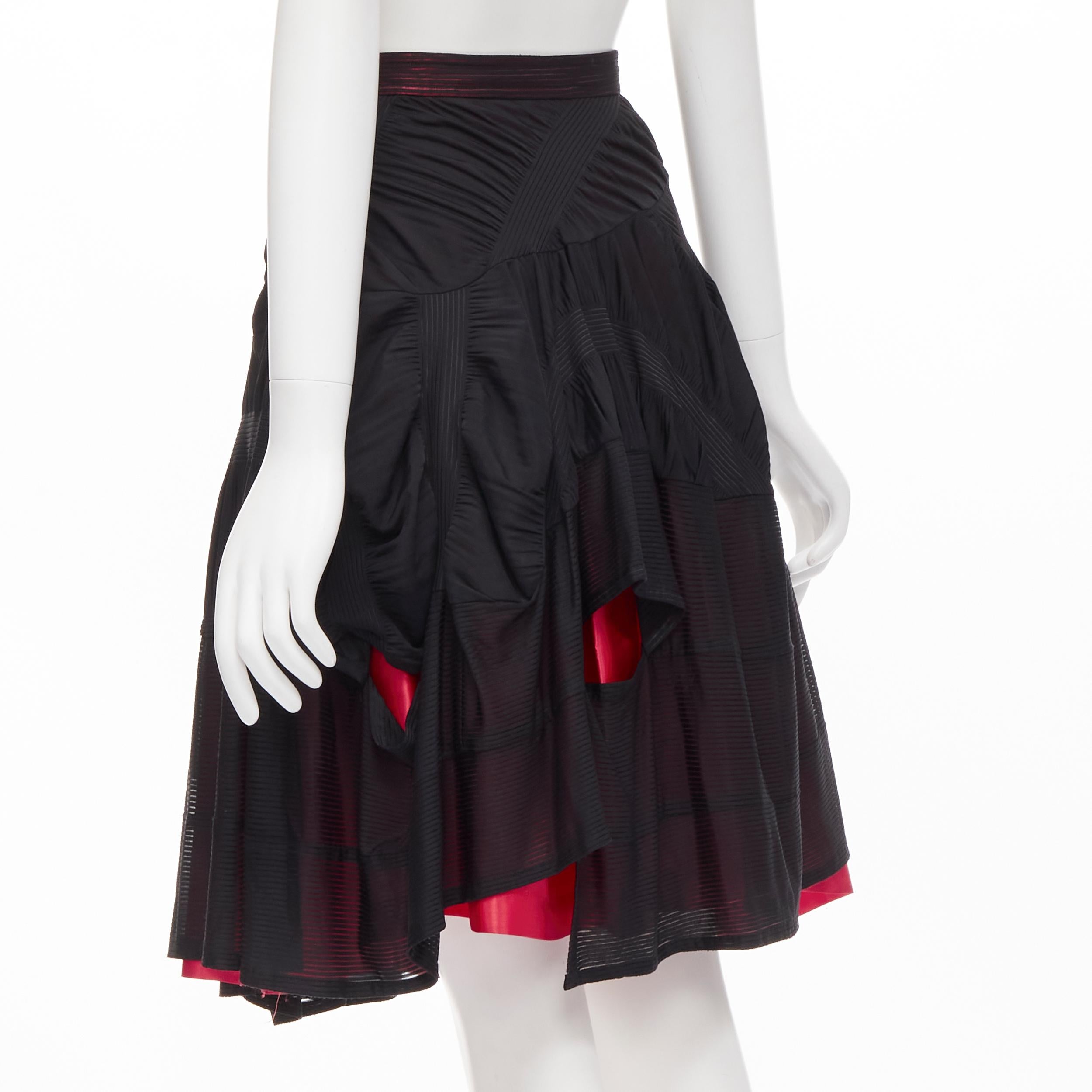 Black vintage COMME DES GARCONS 1980's black red shirred ruffle layered flared skirt S For Sale