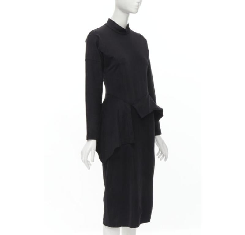 Black vintage COMME DES GARCONS 1980's mock neck asymmetric peplum midi dress M For Sale