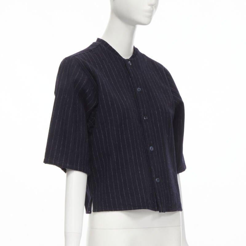 Black vintage COMME DES GARCONS 1980s navy blue pinstripe wool boxy baseball shirt S For Sale