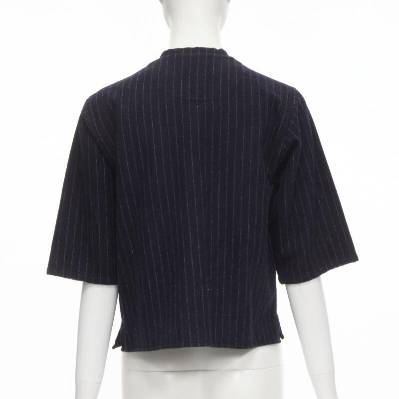 Women's vintage COMME DES GARCONS 1980s navy blue pinstripe wool boxy baseball shirt S For Sale