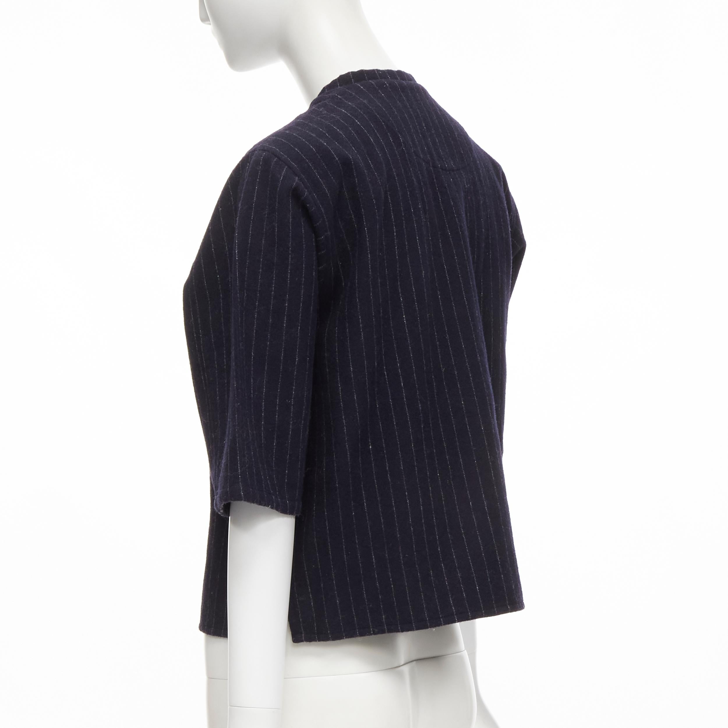 Women's vintage COMME DES GARCONS 1980s navy blue pinstripe wool boxy baseball shirt S For Sale