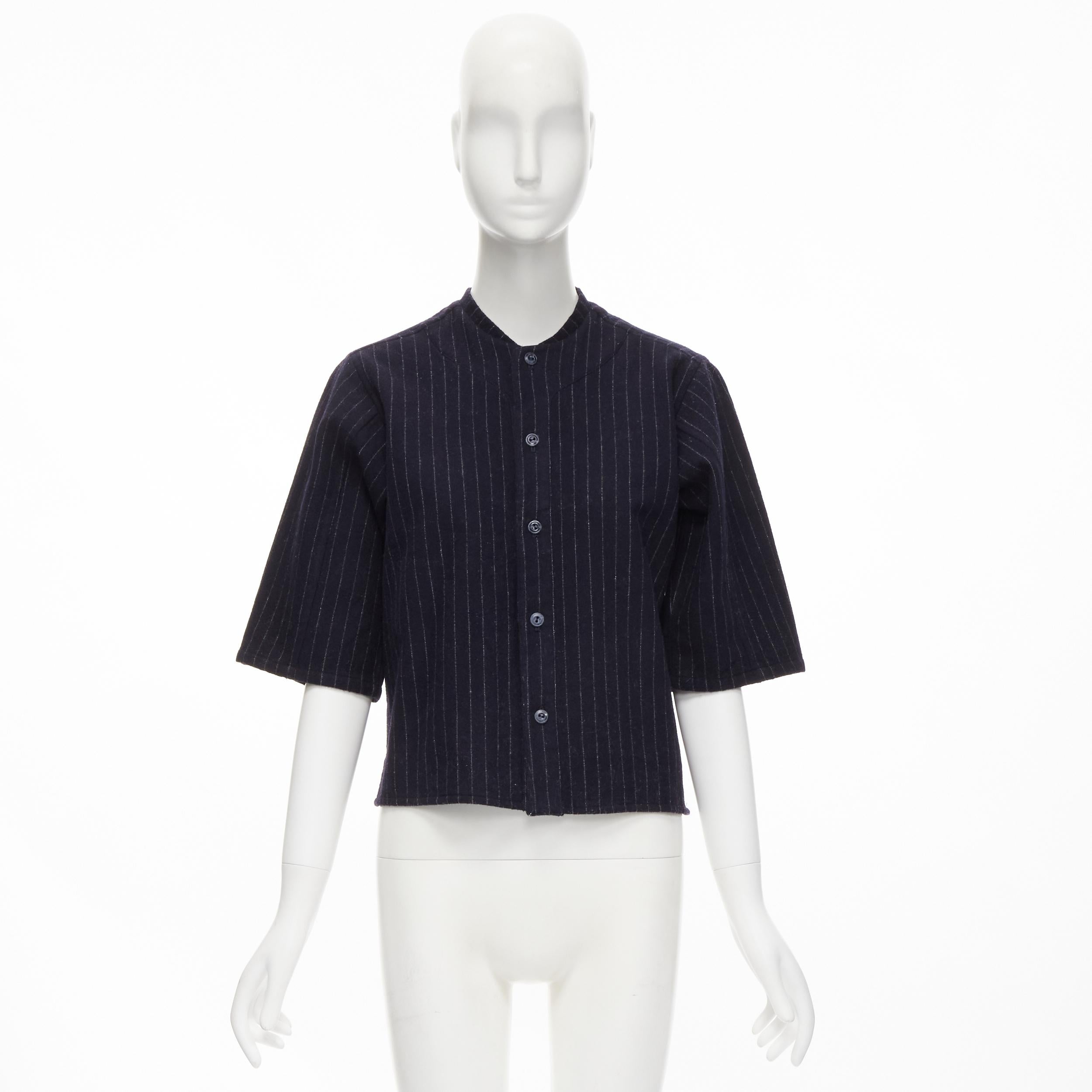 vintage COMME DES GARCONS 1980s navy blue pinstripe wool boxy baseball shirt S For Sale 3