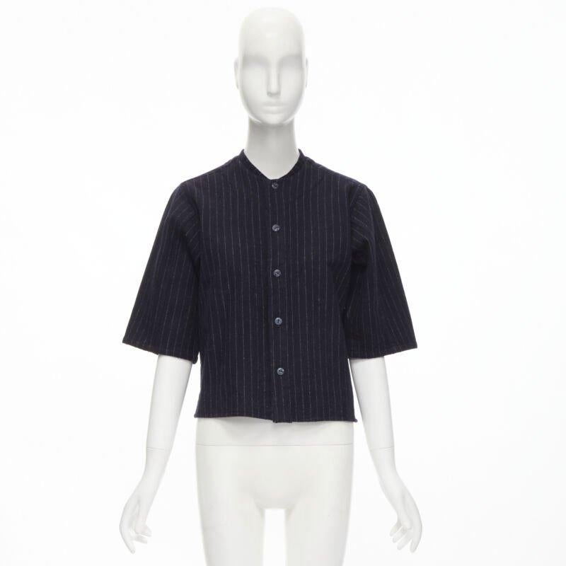 vintage COMME DES GARCONS 1980s navy blue pinstripe wool boxy baseball shirt S For Sale 4