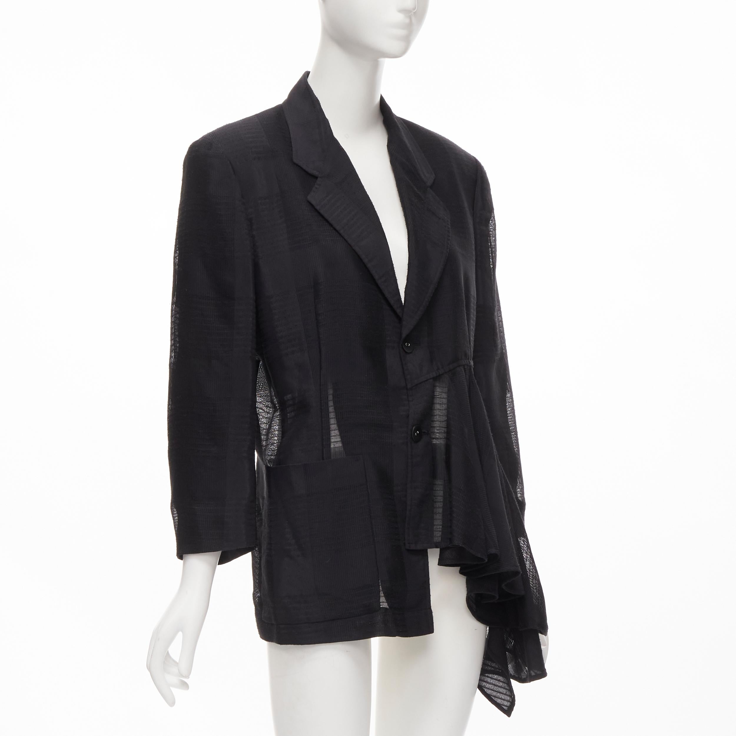 Black vintage COMME DES GARCONS 1980's ruffle draped checked sheer blazer jacket M For Sale