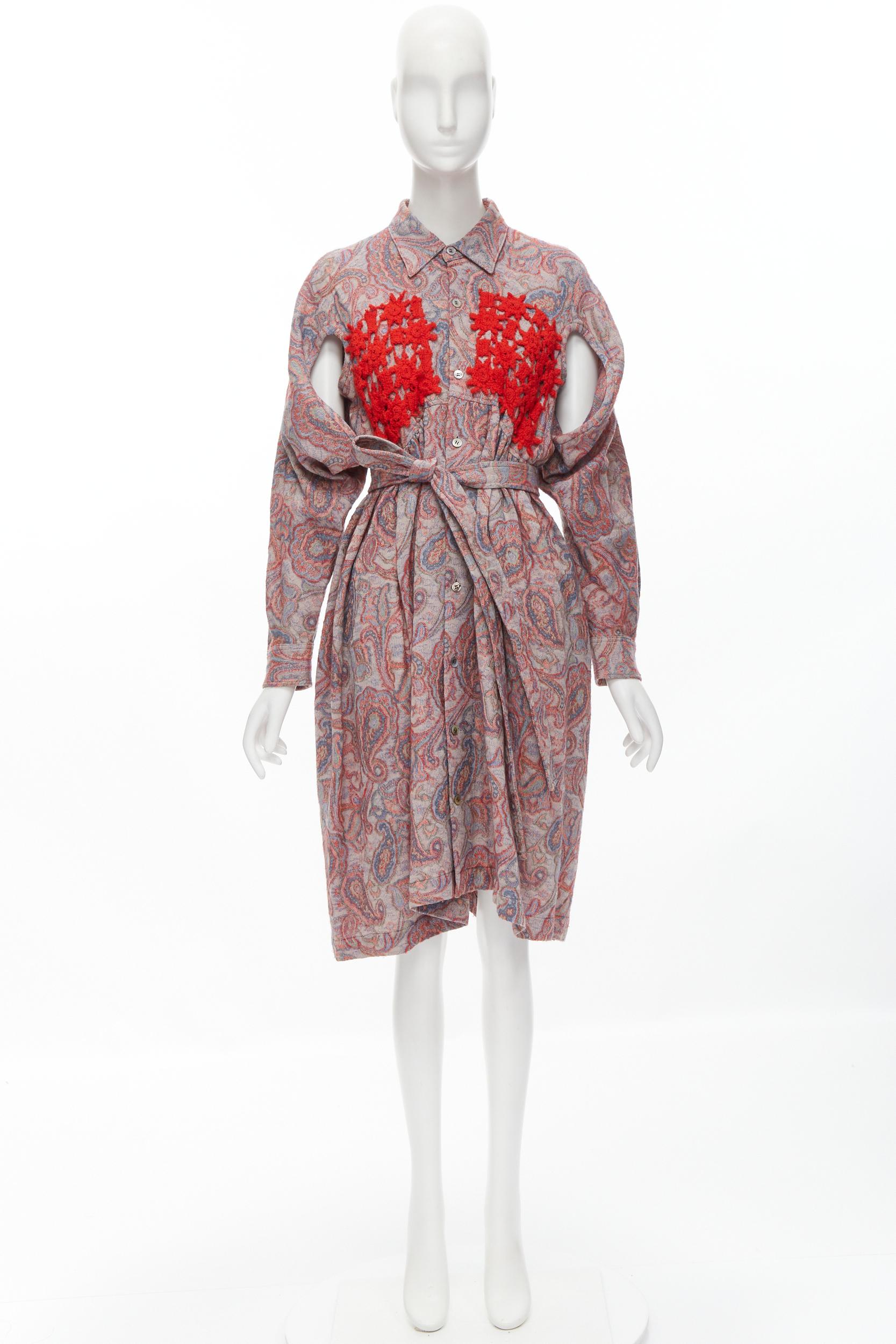 vintage COMME DES GARCONS 1988 red paisley embroidered belted moumou dress M 4