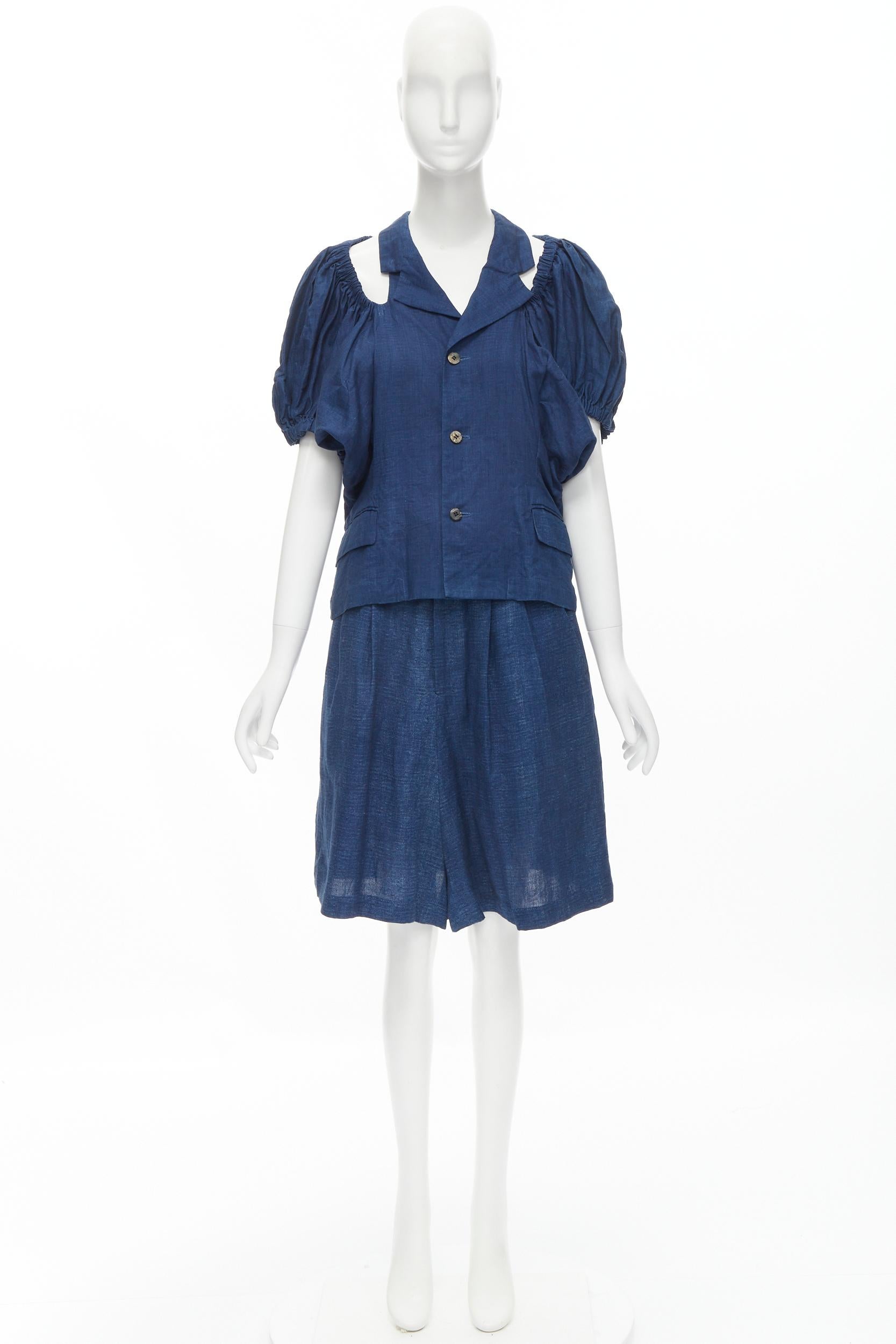 vintage COMME DES GARCONS 1989 blue linen ruched sleeve cut out top shorts set M For Sale 7