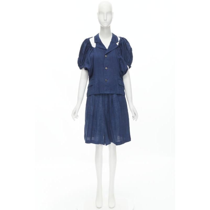 vintage COMME DES GARCONS 1989 blue linen ruched sleeve cut out top shorts set M For Sale 7