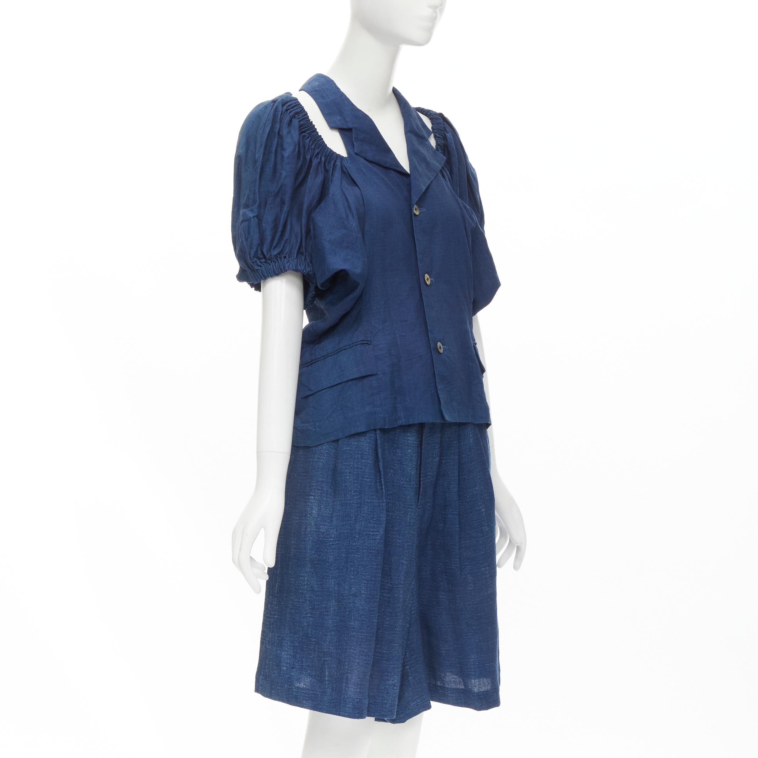 Blue vintage COMME DES GARCONS 1989 blue linen ruched sleeve cut out top shorts set M For Sale