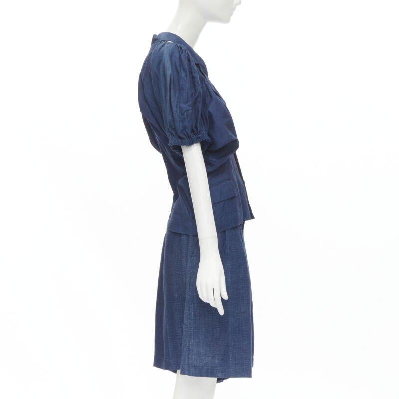 vintage COMME DES GARCONS 1989 blue linen ruched sleeve cut out top shorts set M In Good Condition For Sale In Hong Kong, NT