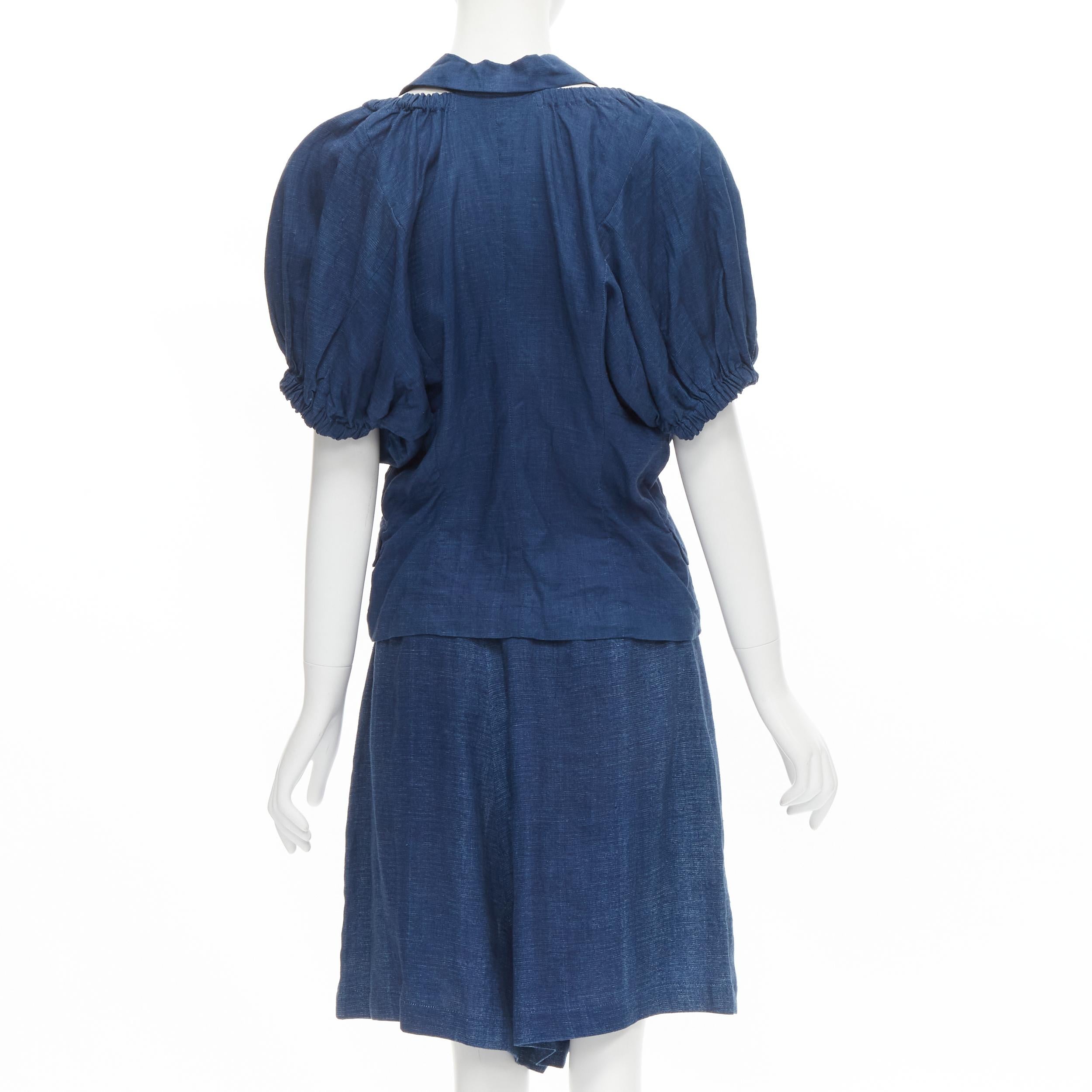 Women's vintage COMME DES GARCONS 1989 blue linen ruched sleeve cut out top shorts set M For Sale