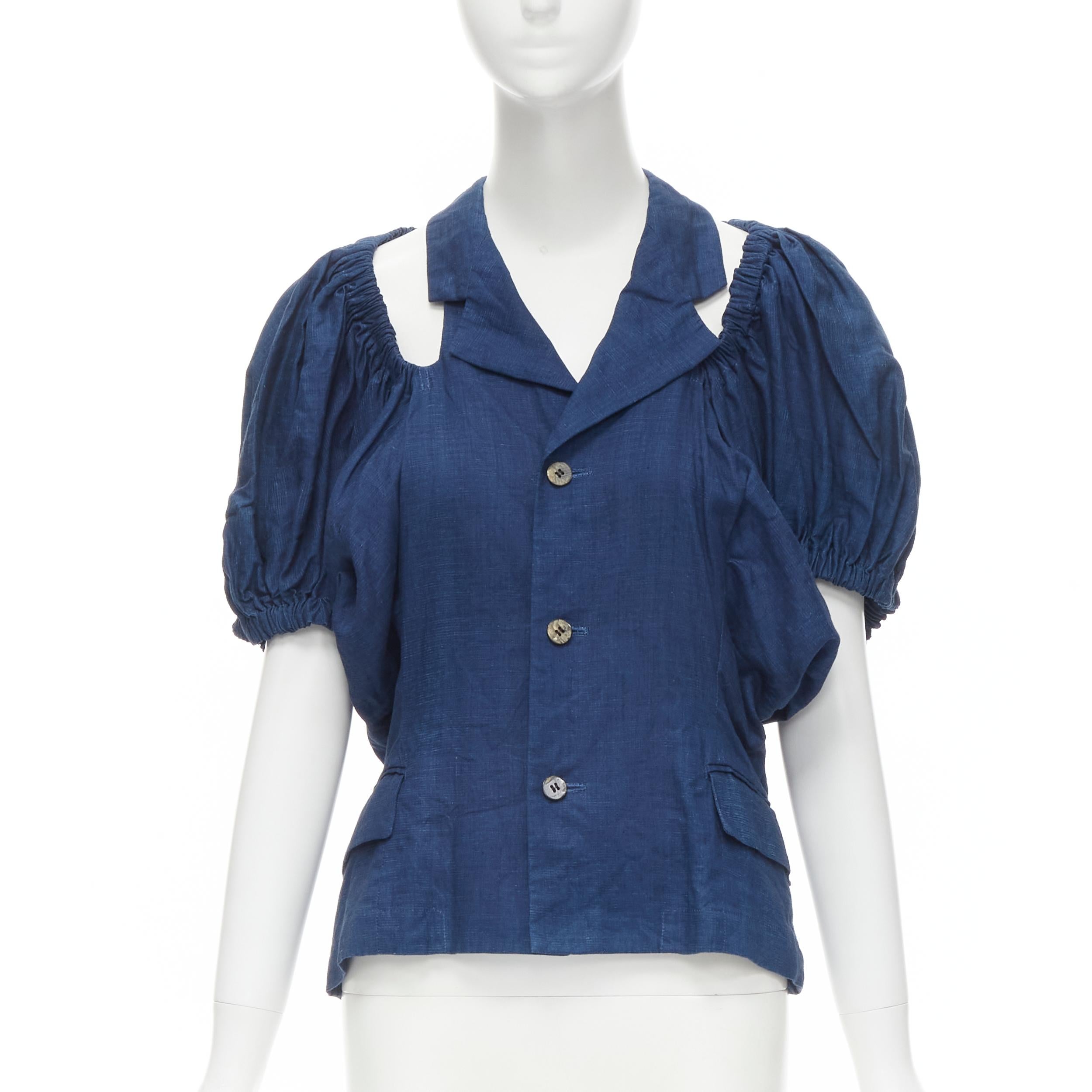 vintage COMME DES GARCONS 1989 blue linen ruched sleeve cut out top shorts set M For Sale 1