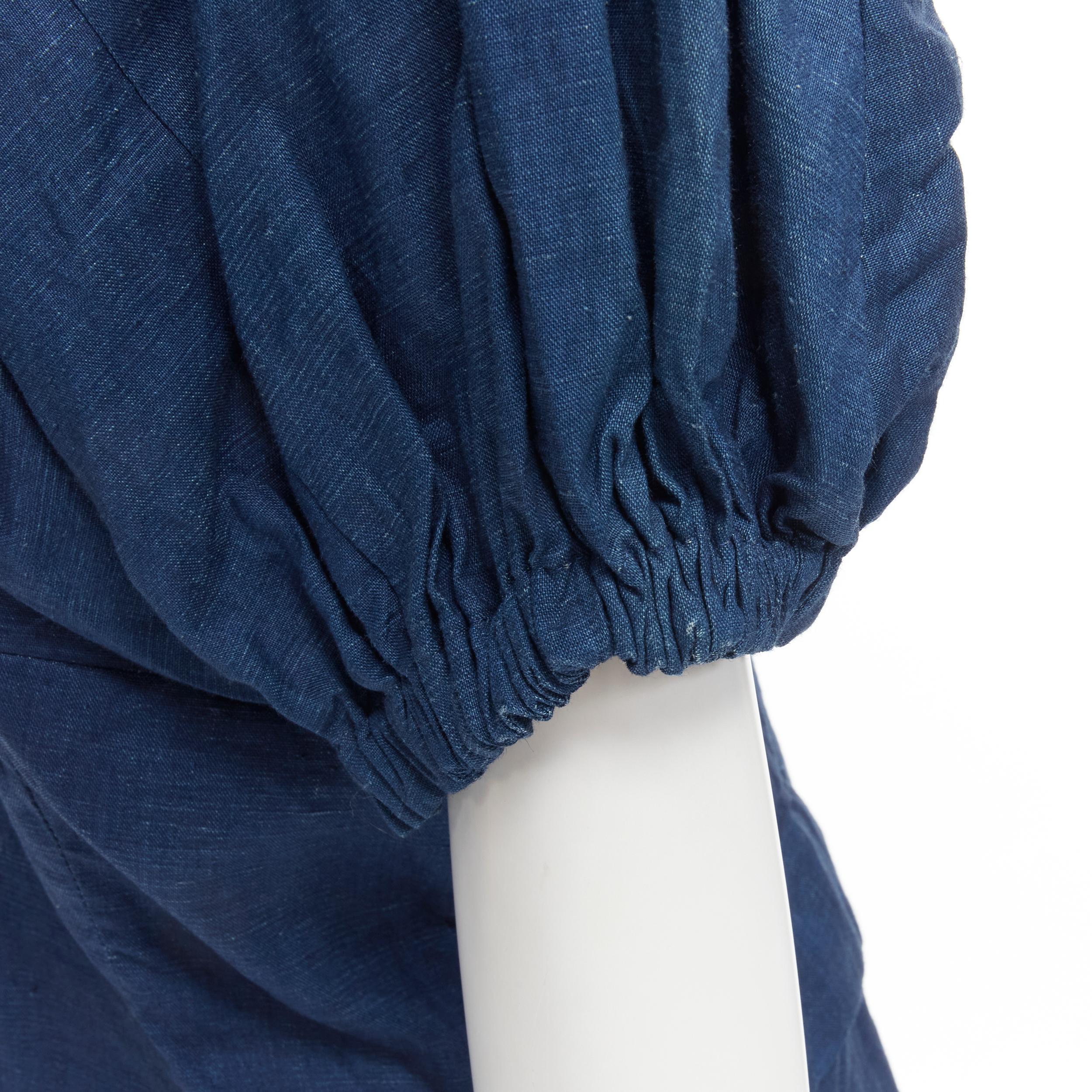 vintage COMME DES GARCONS 1989 blue linen ruched sleeve cut out top shorts set M For Sale 2