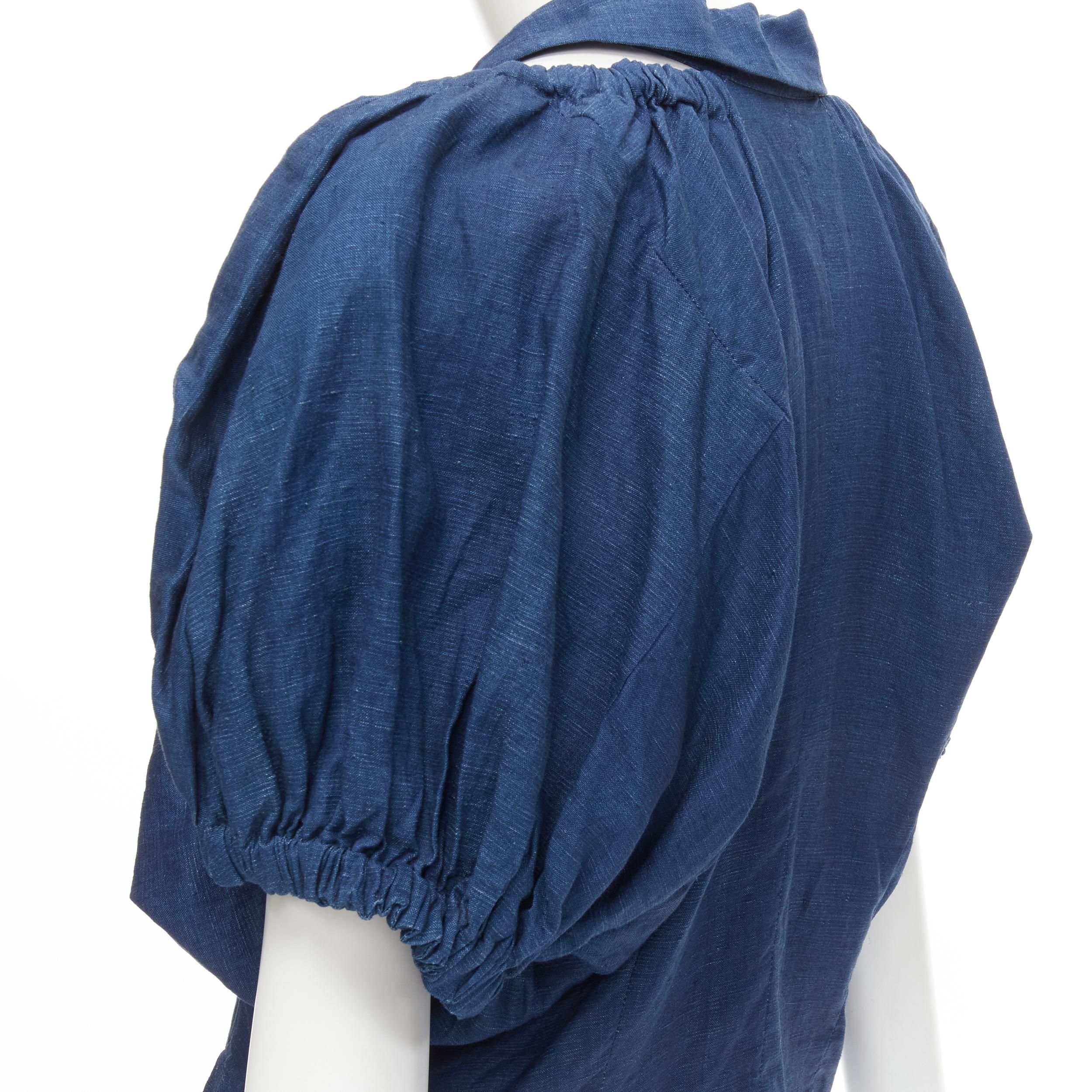 vintage COMME DES GARCONS 1989 blue linen ruched sleeve cut out top shorts set M For Sale 4