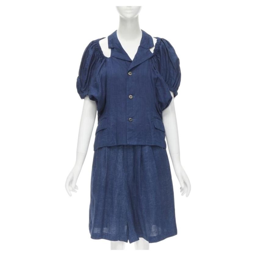 vintage COMME DES GARCONS 1989 blue linen ruched sleeve cut out top shorts set M