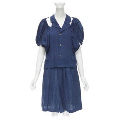 vintage COMME DES GARCONS 1989 blue linen ruched sleeve cut out top shorts set M