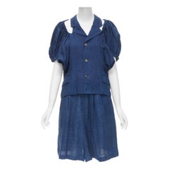 vintage COMME DES GARCONS 1989 blue linen ruched sleeve cut out top shorts set M