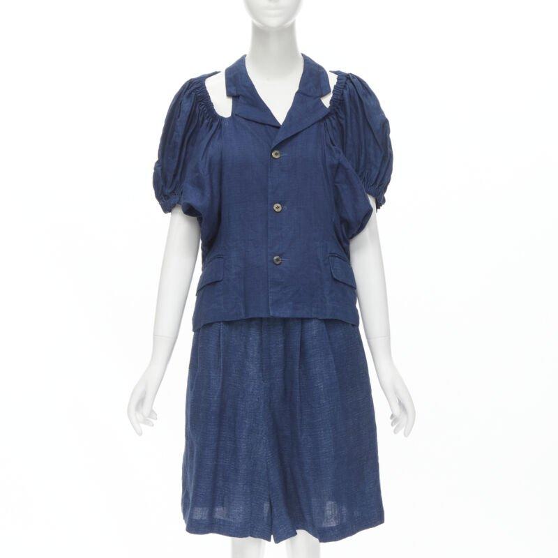 vintage COMME DES GARCONS 1989 blue linen ruched sleeve cut out top shorts set M For Sale
