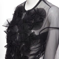 Vintage COMME DES GARCONS 1990 Schwarzes durchsichtiges, plissiertes Fächeroberteil mit Rüschen S