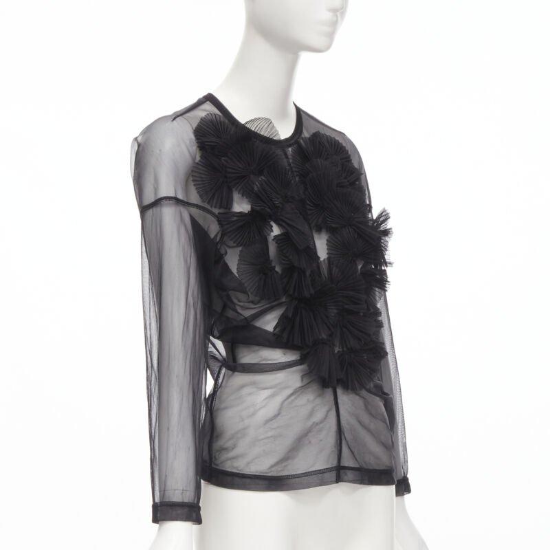 Black vintage COMME DES GARCONS 1990 black pleated fan ruffle sheer top S For Sale