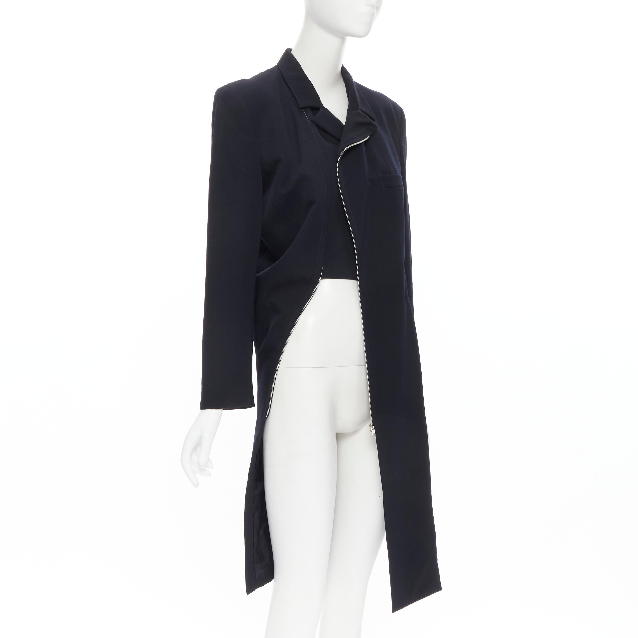 Black vintage COMME DES GARCONS 1991 navy blue cotton asymmetric cut biker coat M For Sale